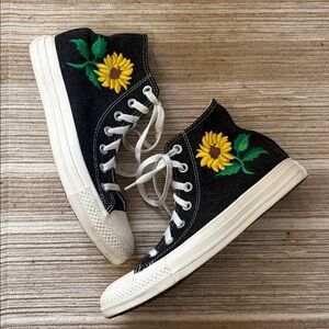 Converse Black Sneakers with Sunflower Embroidery Women’s size 7